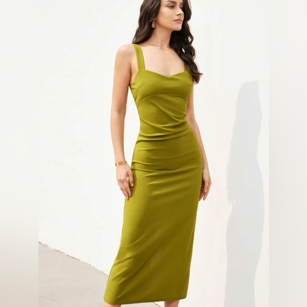 Elegant Olive Green Midi Dress - Picture 2 of 4